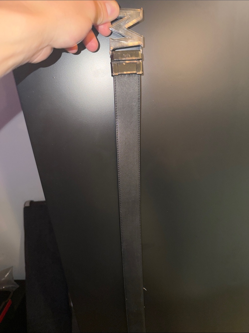 MCM Light Blue Monogram Leather belt reversible blue or black